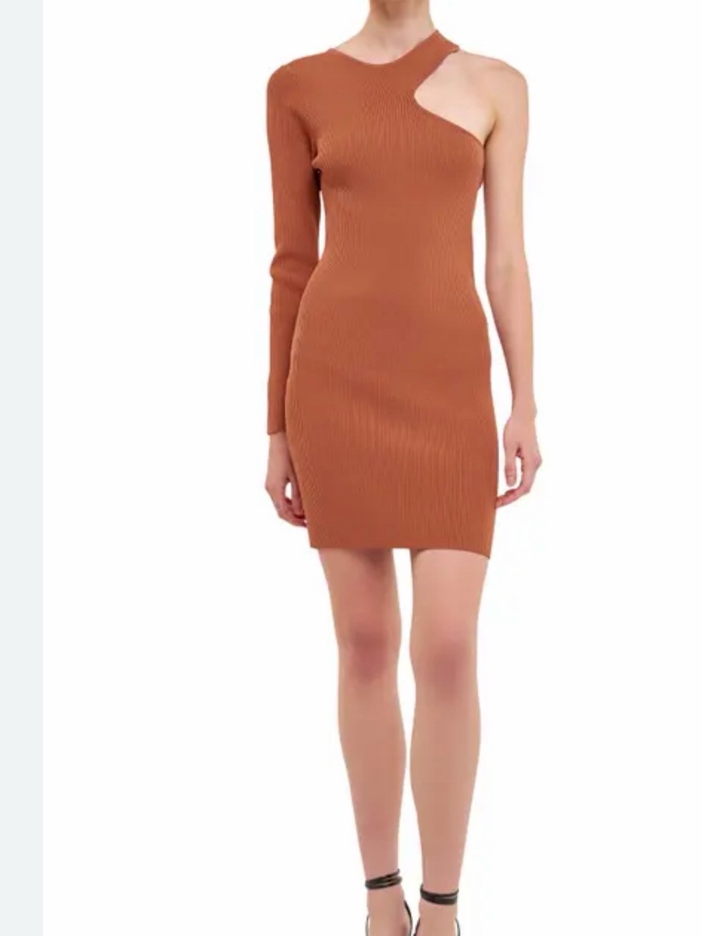 Endless Rose Asymmetric One-Shoulder Ribbed Bodycon Dress - Rust